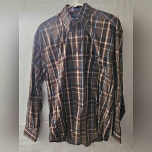 Faconnable Blue and Brown Plaid Button Down Shirt